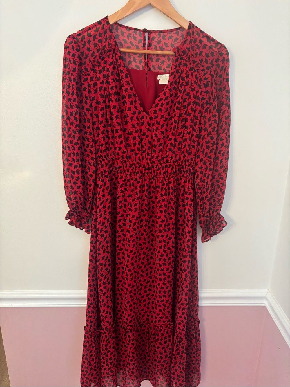 Shoshanna Eden Red and Black Printed V-Neck Midi Dress Size 4